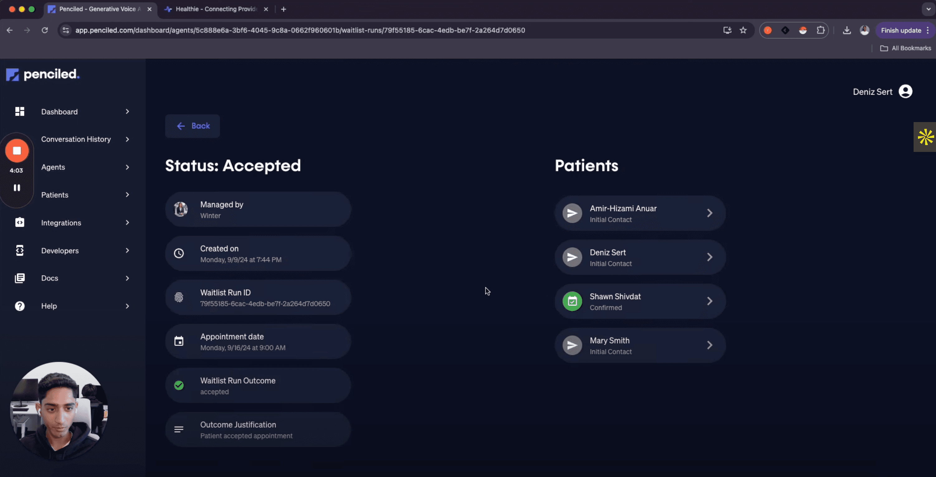 Screenshot of Penciled dashboard on waitlist completed patient list view page