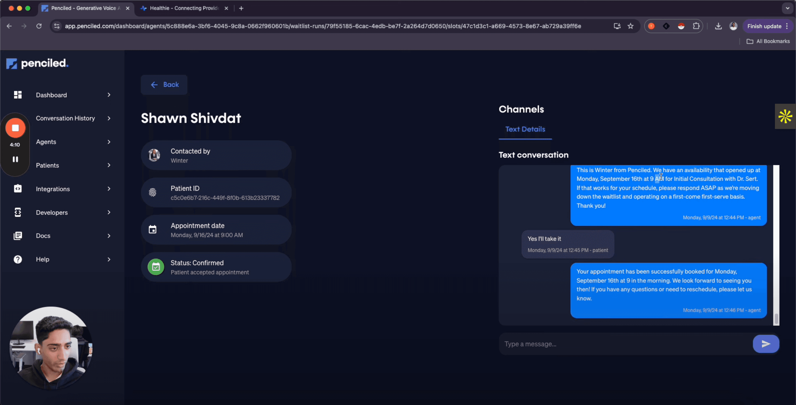 Screenshot of conversation between Penciled AI and patient