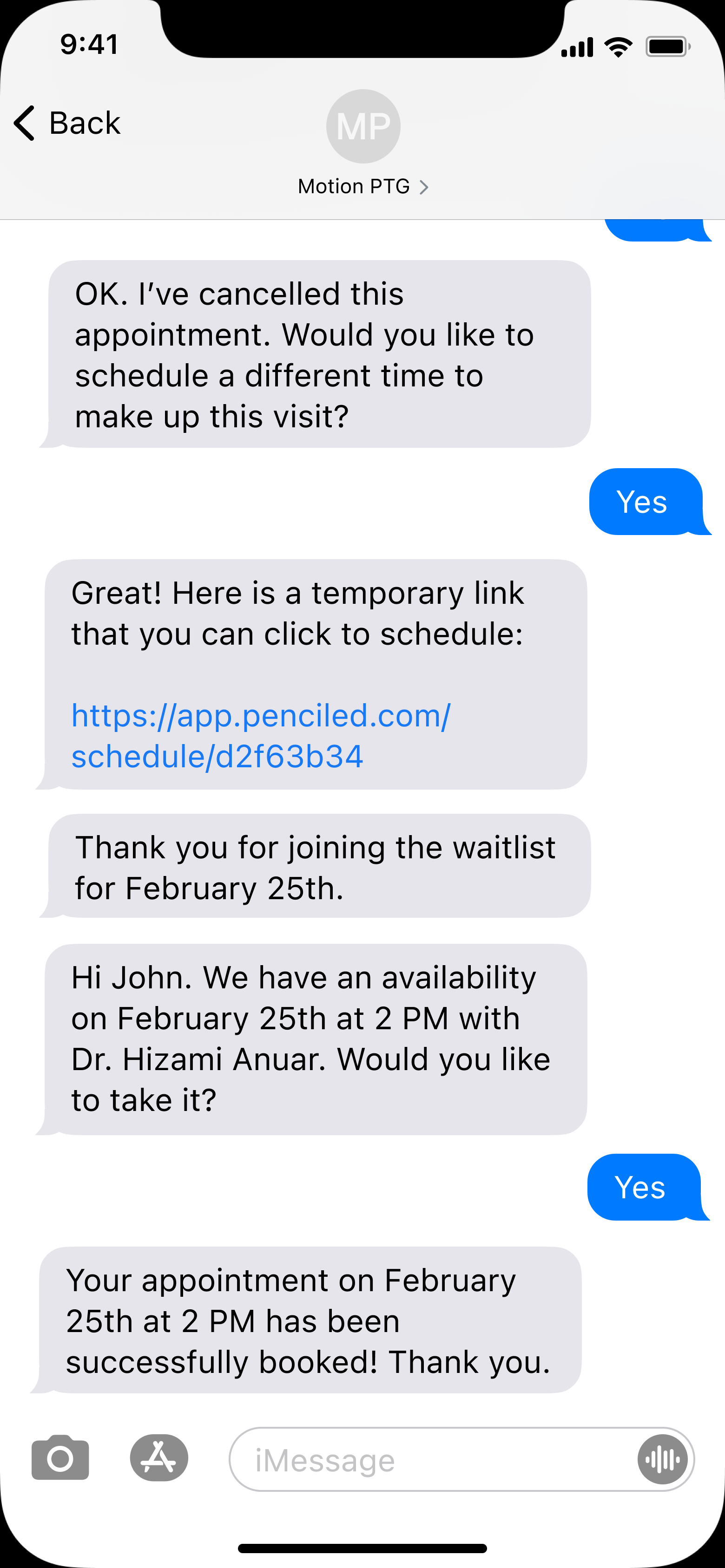 Screenshot of example conversation on patient phone